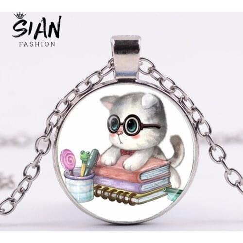 SIAN Kawaii White Cat with Glasses Necklace Pet Kitten Learning Books Photo Cute Pendant Glass Necklaces Cartoon Animal Jewelry