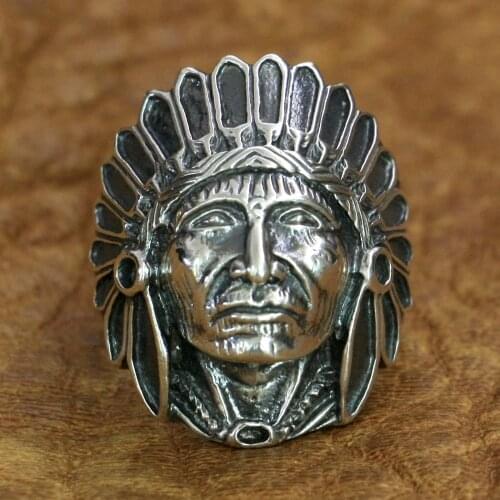 LINSION 925 Sterling Silver Indian Chief Ring Mens Biker Punk Ring TA196 US Size 7~15