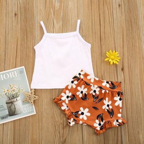 Infant Clothes Suit Girls Fashion Summer Sleeveless Sling Pure Color Top + Floral Print Frill Shorts Vestidos De Verano