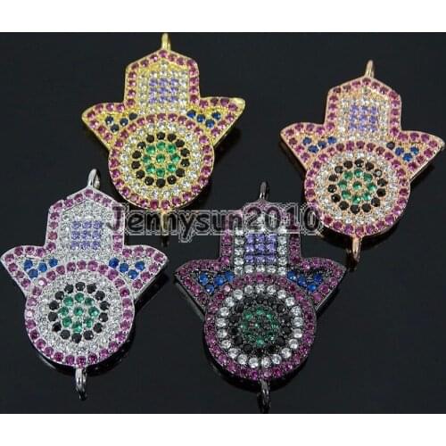 Colorful Zircon Gems Stones Pave Hamsa Hand #6 Bracelet Connector Charm Beads Silver Gold Rose Gold Gunmetal 10Pcs/Pack