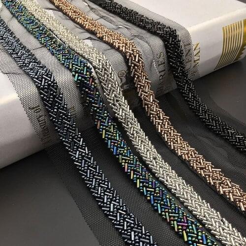 1Yard Pearl Beaded Lace Trim Mesh Lace Ribbon Fabric Clothes Decoration Wedding Dress Collar Sleeve African Lace Fabric Applique