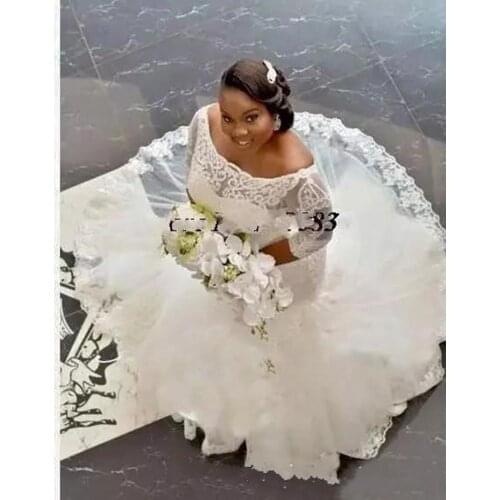Lace Wedding Dresses African Plus Size Half Sleeve Appliques Off Shoulder Mermaid Bridal Gowns Covereed Button Custom Made