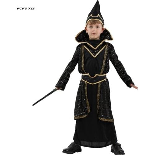 Boys Halloween Gothic Wizard Costumes Kids Children Magic robe Magician Cosplay Carnival Purim Stage play Masquerade party dress