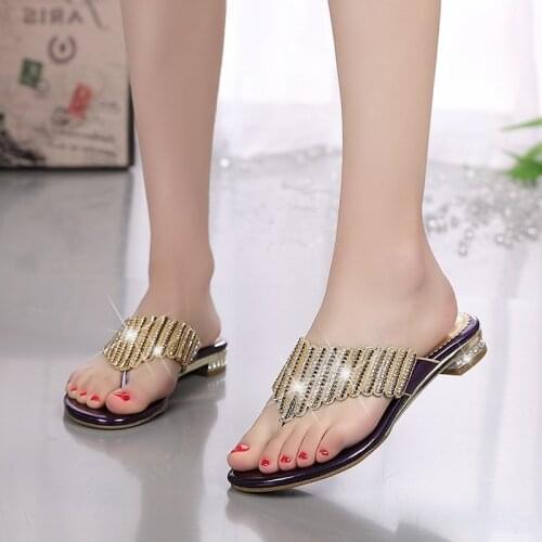 Fashion 2020 Summer Wedge Shoes Womens Slippers Rhinestone Brand Beach Flip Flops Sexy Sweet Gold Heels Ladies Slides C0051
