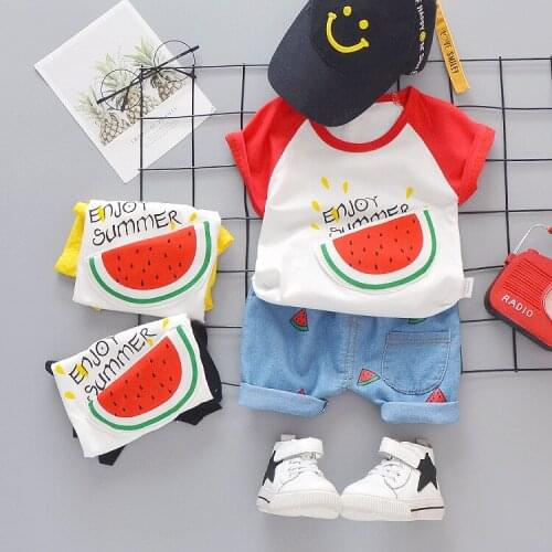 New Baby Shirt Clothing Set Boys Girls Cute Summer Casual Wear Set Cartoon Fruit Top Denim Set Baby Clothes