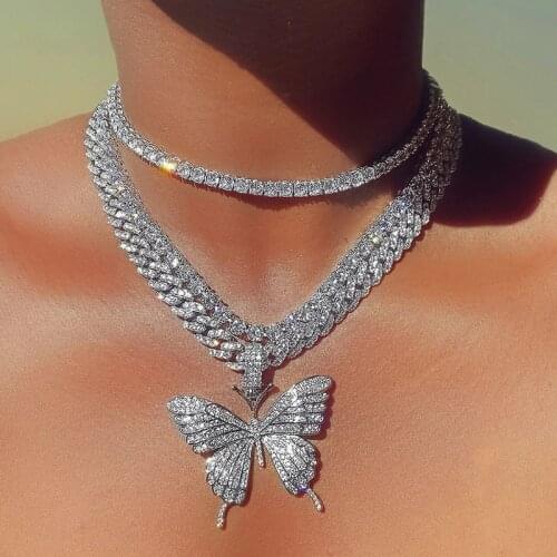 Luxury Cuban Link Chain Choker Necklace Butterfly Pendant for Women Hip Hop Iced Out Rhinestone Necklace Jewelry