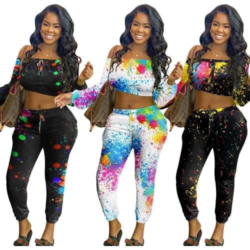 2020 fall clothing for women long sleeve crop top with joggers two piece tie dye set streetwear