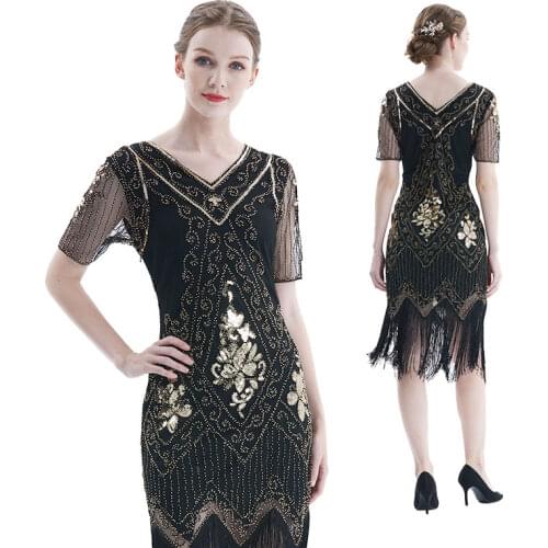 1920s Flapper Dress Women V Neck Cocktail Vestidos Vintage Sequin Fringe Party Dress Short Sleeve for Halloween Vocation