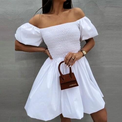 Women Solid Color Dress Fashion Vintage Word- Shoulde Sexy Mini Puff Sleeve Ladies Dress 2021 Summer Casual Elegant Party Dress
