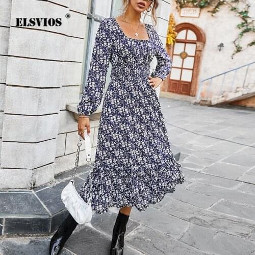 Women Autumn New Vintage Square Collar Party Dress Casual Floral Print Long Sleeve A-Line Dress Elegant Ruffle Patchwork Dresses