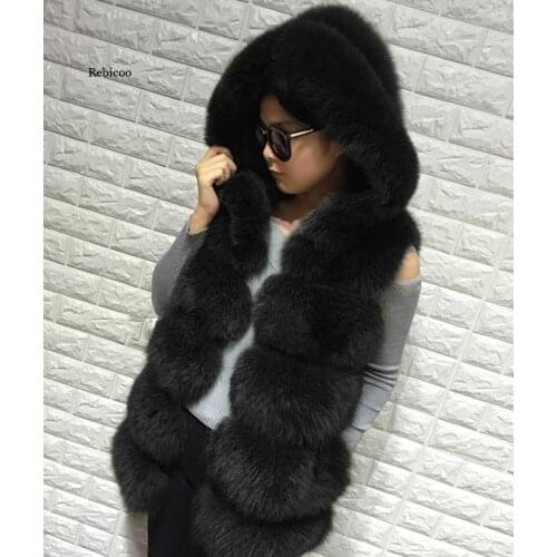 Winter Faux Fur Vest Casual Outerwear Female Solid Fake Fox Fur Hooded Sleeveless Overcoats for Lady Fashion Fur Vest Femme