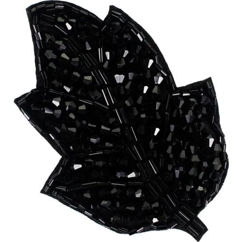 Black Beaded Leaf Patches Brooches Badges Handmade Applique for Clothes Shoes Decorated Sewing Supplies 10 pieces