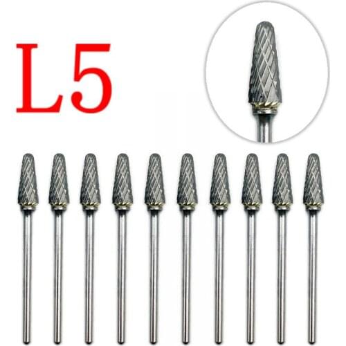 10pcs L5 Dental Lab Polisher Drills Tungsten Steel Carbide Burs 2.35mm Shank Polishing Burs Dental Lab Nail Drill Bits
