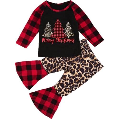 2021 Christmas Infant Baby Girls Clothes Sets Leopard Long Sleeve Xmas Tree Print Top + Plaid Flare Pants 0-5Y
