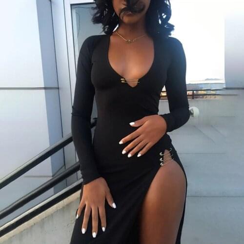 BKLD Dresses For Women V-Neck Long Sleeve 2020 Autumn New Fashion Pin Decoration Sexy High Split Black Bodycon Dress Party