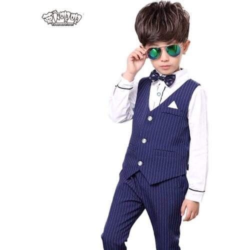 Brand Flower Boys Formal Suits for Weddings Boys Stripe Shirt Vest Pants Tuxedo Baby Kids Gentleman Party Clothing Sets N20