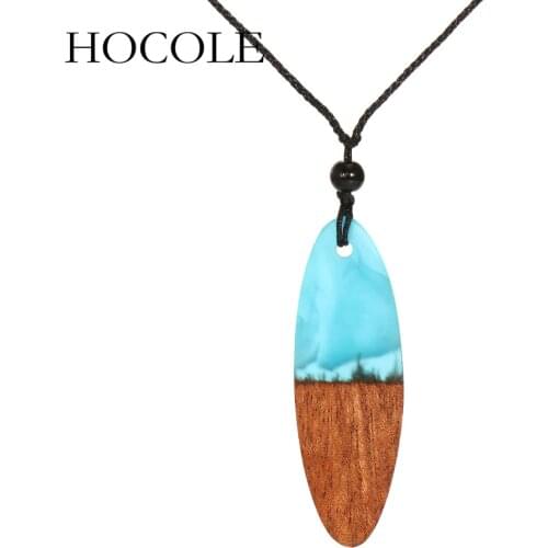 HOCOLE Fashion Handmade Resin Wood Pendant Necklace For Women and Men Geometric Pendant Black Rope Chain NecklaceJewelry Bijoux