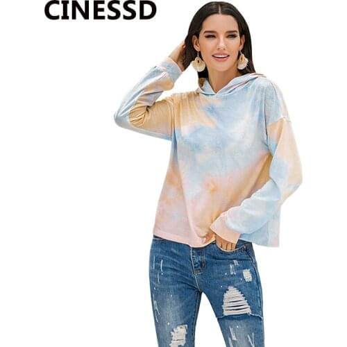 CINESSD Tie-Dye Printed Gradient Hoodies Orange&Blue Women Tops Long Sleeves Pullover Hooded Casual Sweatshirts Female Hoodie