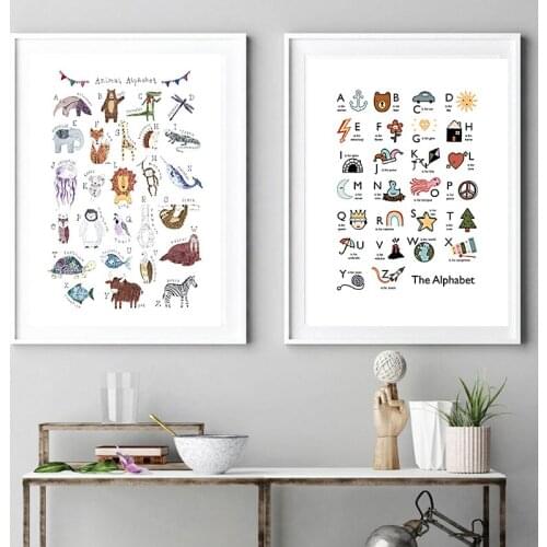 Canvas Painting Nordic Style Prints Alphabet Animal Home Decoraiton Wall Art Modular Pictures Water color Poster For Kids Room