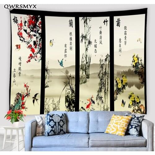Chinese Ink Painting Four Seasons Flowers Tapestry Aesthetics Wall Hanging Living Room Bedroom Balcony Decor Wall Art Tapestries