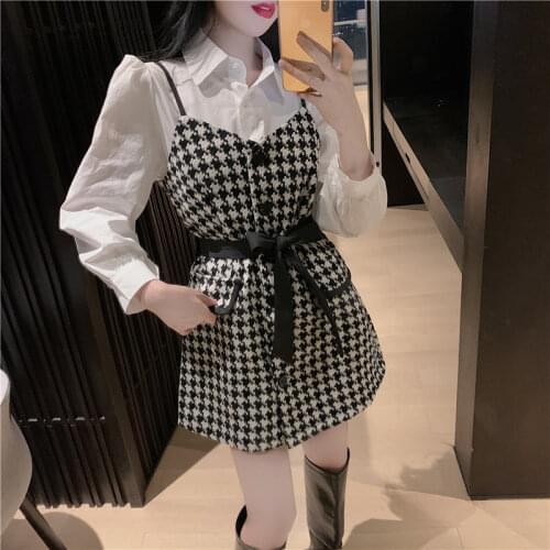 Korean Fashion Women 2PC Dress Suit Slim Chic Two Piece Dress Sets Puff Sleeve White Shirt+Plaid Strap Mini Skirt Sets Outfits