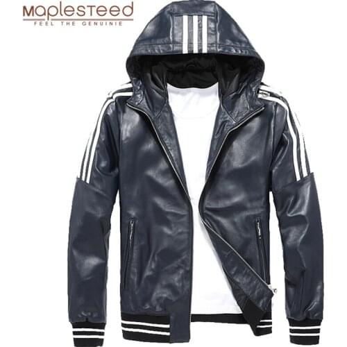 Men Leather Jacket Hood 100% Natural Sheepskin White Stripes Blue Black Real Leather Jackets Boy Skin Coat Hooded Autumn M183