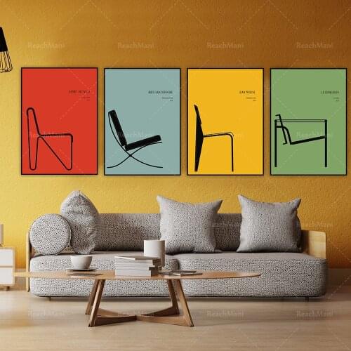 Ensemble de 4 imprimés avec chaises iconiques design. Impression et impression. Équipez-vous d'empreintes digitales. Cadeaux pou