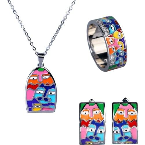 925 Silver Set For Women CZ Handmade Enamel Lovely Cat Unique Trendy Ring Earrings Bracelet Party Fashion Jewelry Set