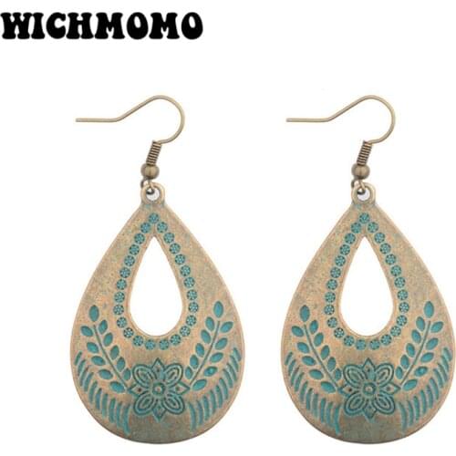 New Fashion 1 Pair 45mm Retro Patina Plated Zinc Alloy Green Water Drop Earrings for Womens Fashion Jewelry Gift Date and Party