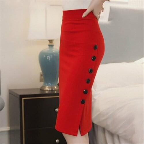 Plus Size New Fashion Women Skirt Midi Skirt Slim Sexy Open Slit Button Slim Pencil Skirt Elegant Ladies Skirts