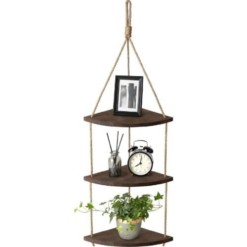 Hand Made Home Decoration Shelf, Books, Pictures, Plants, Flowers and Small Accessories Holder. Wood with Rope Three Floor Rack