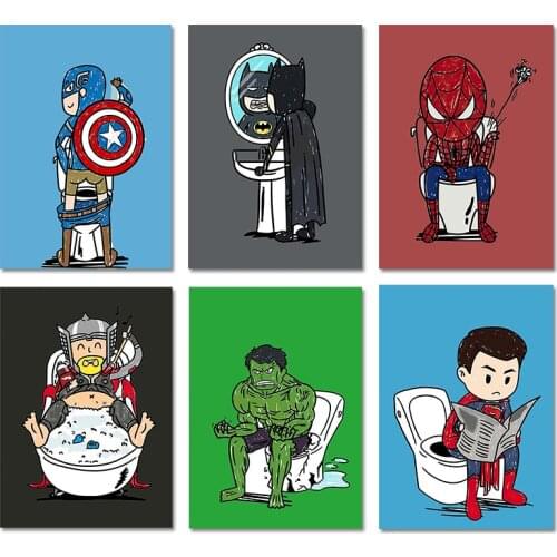 Marvel Poster Superheroes Print Canvas Painting Batman Spiderman Hulk Bathroom Restroom Poster Wall Art Print Home Decor Nordic