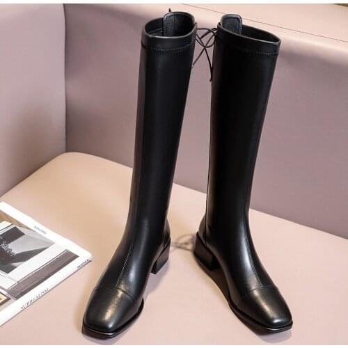 SKLFGXZY 2021 Fashion Genuine Leather Women Knee-High Stretch Boots Square Heel Short Boots Ladies Boots Black Booties