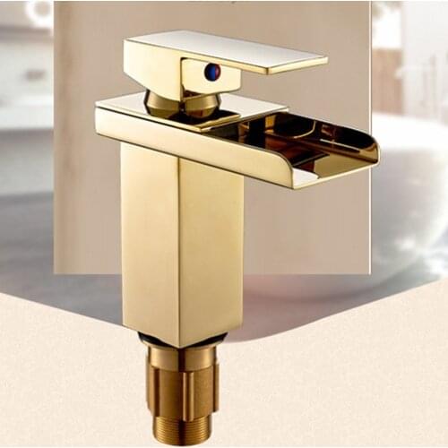 Golden color bathroom waterfall faucet with solid brass hot cold basin sink mixer tap from DONA Sanitary Ware