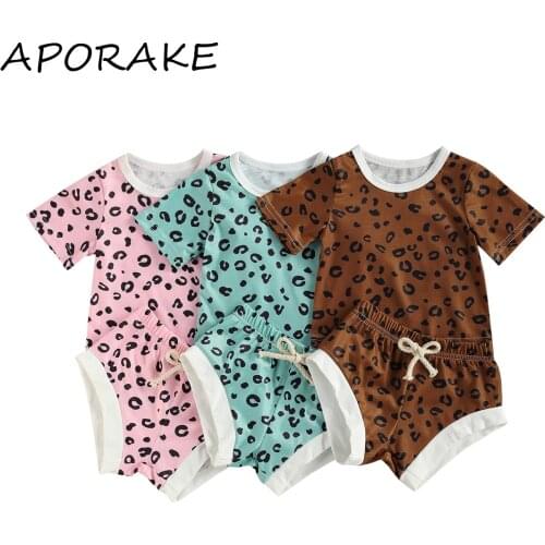 2021 0-24M Toddler Baby Leopard Printing Clothing Set Infant Girls Round Collar Short Sleeve Tops+Elastic Shorts Tracksuit 2pcs