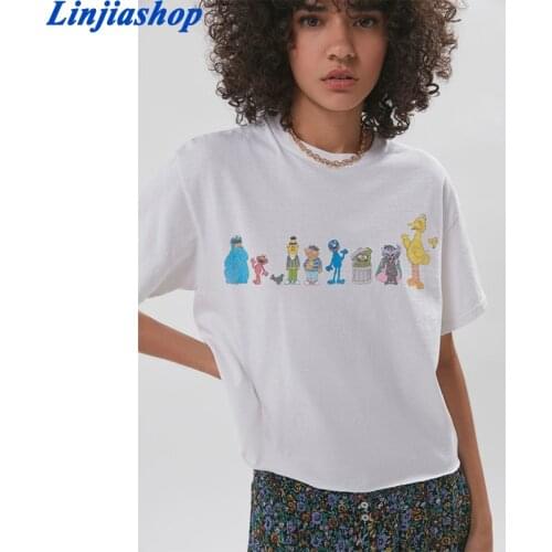 Spring summer girls loose cotton T-shirt cartoon white printing casual O-neck simple tees tops new arrivals 2021