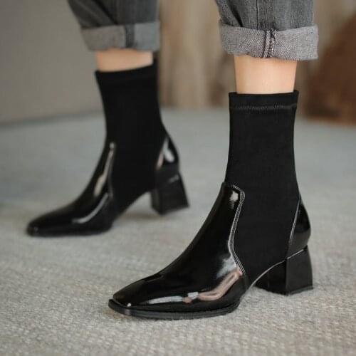 2021 Fashion Square Toe Stretch Boots Autumn Women Boots Comfortable Chunky Low Heel Ankle Boots Slip On Woman Shoes Black