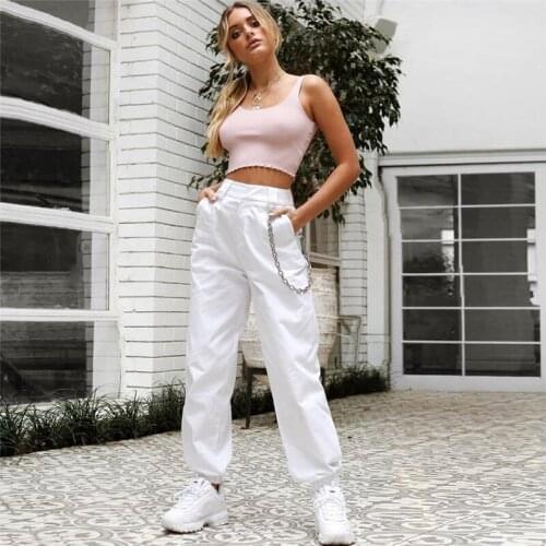 Women High Waist Pants Hip-Hop Combat Cargo Pants Fashion Casual Zipper Loose Without Chain Trouser Plus Size S-2XL 5Colors