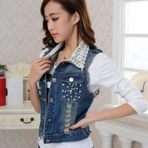 Hot Sale Korean Embroidered Flares Womens Denim Sleeveless Vests Slim Lace Collar Hole Ripped Female Single Breasted Waistcoats