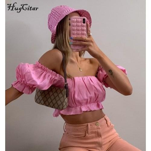 Hugcitar 2020 short puff sleeve slash neck sexy crop tops ruffles summer women fashion streetwear pink cute pleated T-shirts