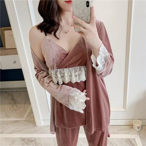 Winter Women Velvet Striped Lace Cardigan Slim Loose Pants Sexy Pajama Sets Ladies Sleeping 3 Piece Sets