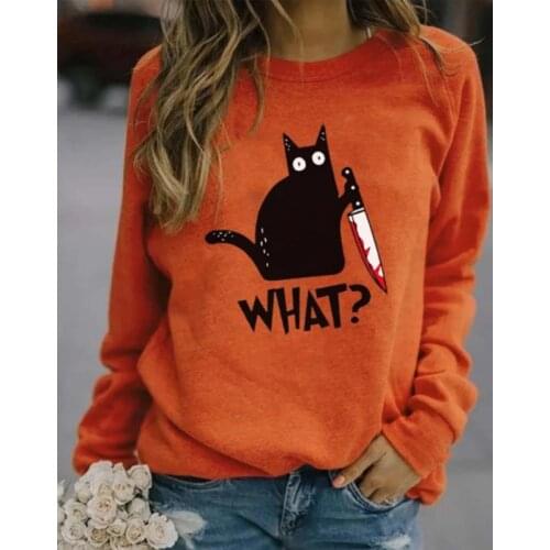 Halloween Women Girls Sweatshirt Cat Pumpkin Print Long Sleeve O-neck Casual Top