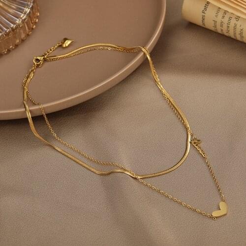 New double layer LOVE necklace female stainless steel rose gold clavicle chain heart-shaped female necklace couple necklace