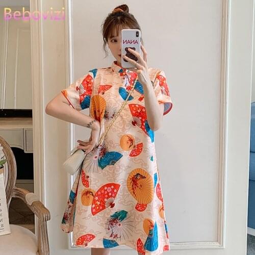 Plus Size M-4XL Fashion Trend Modern Party Cheongsam Dress for Women Summer Loose Short Sleeve Qipao Traditional Chinese Clothes
