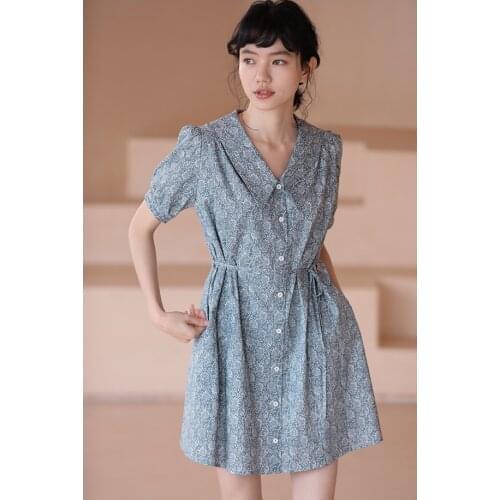 2021 Summer New Arrival Offcie Lady Vintage Floral Turn-Down Collar Dress Slim Belt Elegant Temperament Small Woman