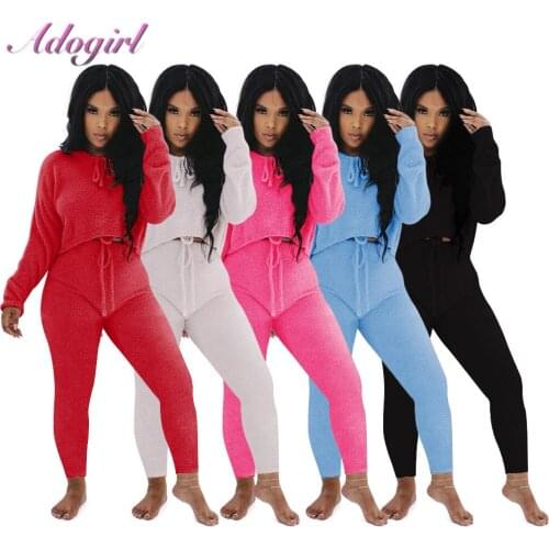 Winter Warm Fluffy Two Piece Set Solid Teddy Long Sleeve Hoodies Sweatshirt Joggers Drawstring Pants Outfit Activewear Tracksuit