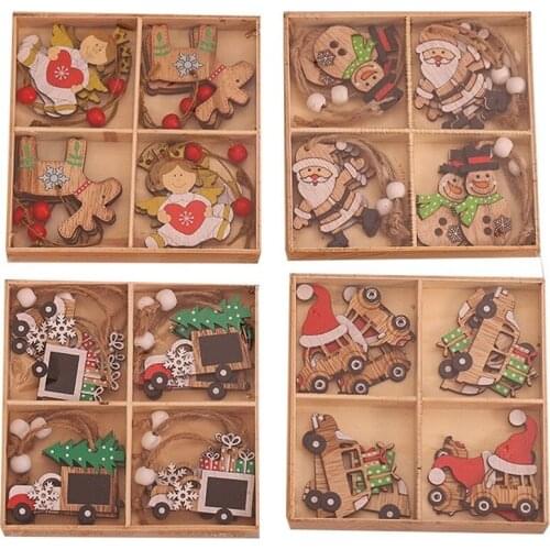 12pcs/box Christmas Car Wooden Pendants Xmas Tree Hanging Ornaments Christmas Decorations for Home Kids Gift Noel Navidad Decor