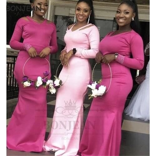 2021 Bridesmaid Dresses Long Sleeves African V Neck Elastic Satin Black Girls Bridesmaid Dress Wedding Party Gowns
