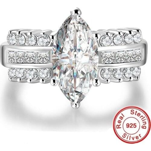 Big Hot Sale Luxury Marquise Cut 3 Carat Simulated Diamond Wedding Ring for Women Have S925 Logo Real 925 Silver Rings finger