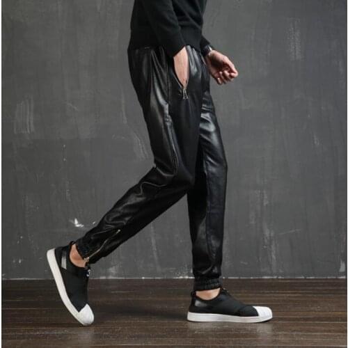 Pantalones de piel para hombre faux leather pants mens harem pants elastic waist motorcycle pu trousers for men black autumn